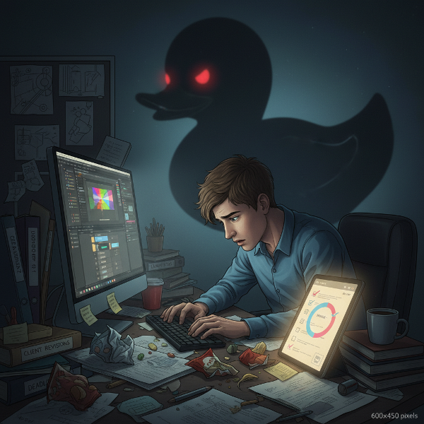 Ilustrasi seorang desainer muda yang cemas di depan komputer, dikelilingi oleh file berantakan dan bayangan bebek yang besar, dengan secercah harapan dari daftar periksa dan diagram latihan pernapasan.