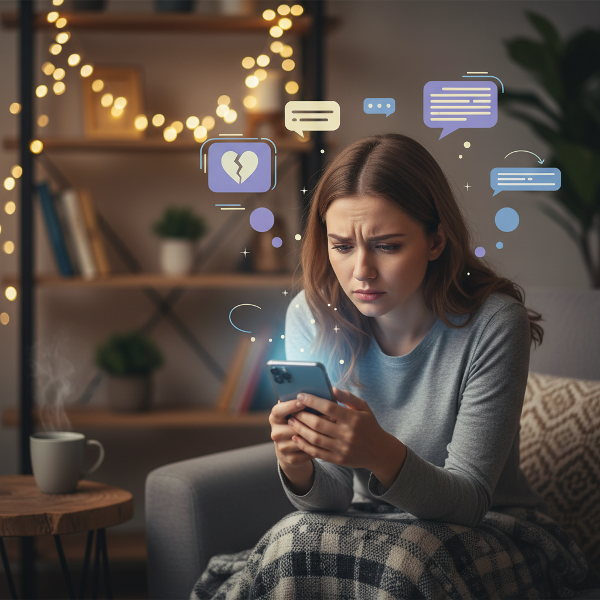 Ilustrasi seorang perempuan muda yang hangat namun cemas, memandangi layar ponsel dengan pikiran-pikiran yang berputar di sekitarnya, mencerminkan kecemasan sosial dan kesulitan menetapkan batas.