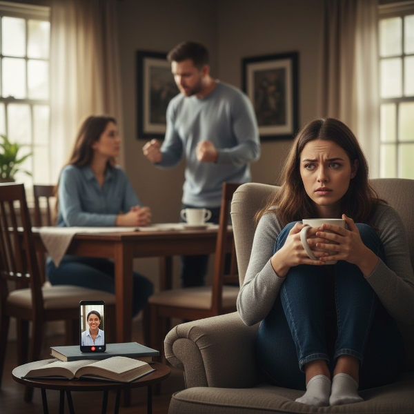 Ilustrasi seorang perempuan muda yang cemas di rumah dengan suasana keluarga tegang, ayah marah, ibu diam, mencari keamanan emosional dan ketenangan mental melalui perawatan diri dan dukungan.