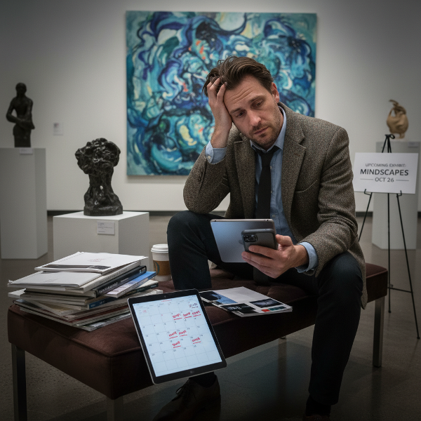 Ilustrasi seorang kurator seni lelaki yang kelelahan di tengah galeri, merasa terbebani oleh tenggat waktu dan komunikasi yang tertunda, mencoba menemukan keseimbangan.
