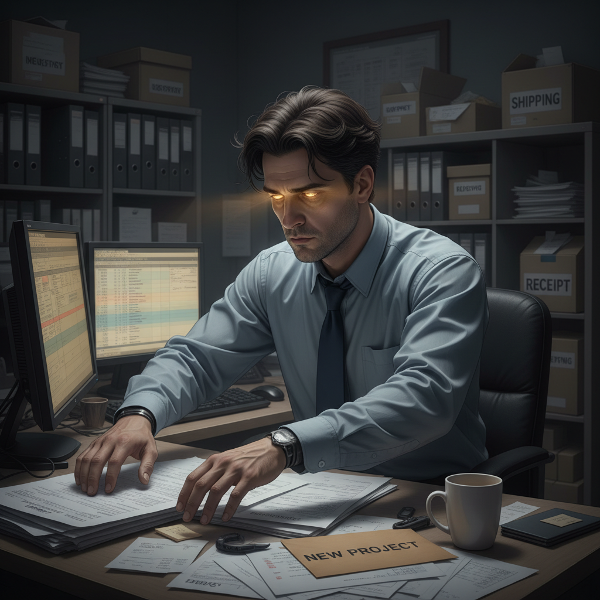 Ilustrasi seorang pria paruh baya yang lelah di kantor logistik, dikelilingi rutinitas, namun masih ada secercah harapan.