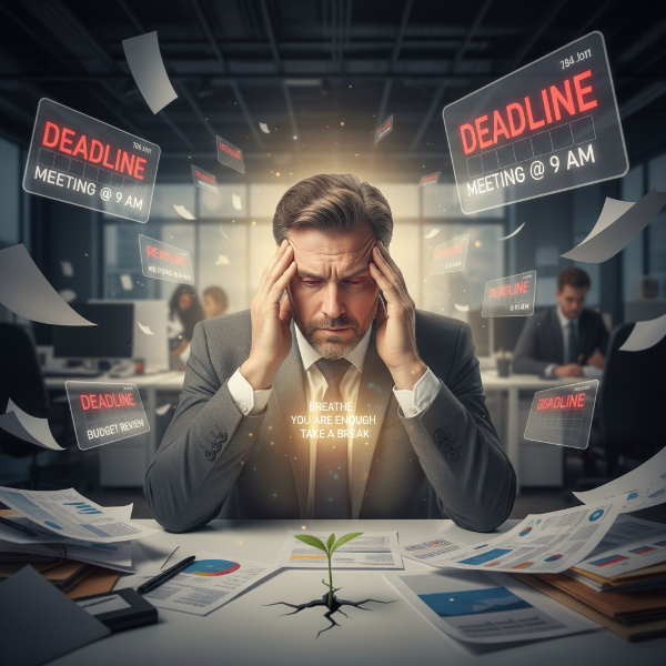 Ilustrasi seorang pria paruh baya di kantor yang mengalami kelelahan profesional, dengan simbol-simbol tekanan kerja namun ada cahaya harapan yang mulai muncul.