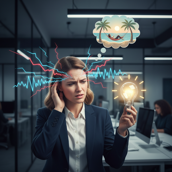 Ilustrasi seorang wanita profesional di kantor yang mengalami tinnitus dan ketegangan akibat stres kerja, dengan simbol cahaya yang mewakili kesadaran dan jawaban psikologis.