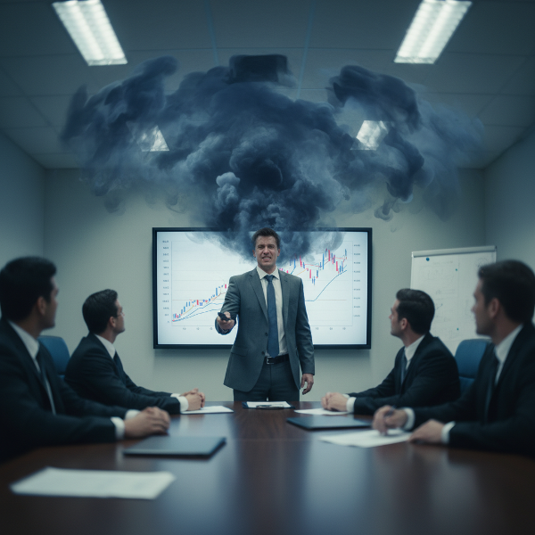 Ilustrasi seorang profesional mengalami gejala psikosomatik seperti pusing dan pandangan kabur saat presentasi kerja yang penuh tekanan.