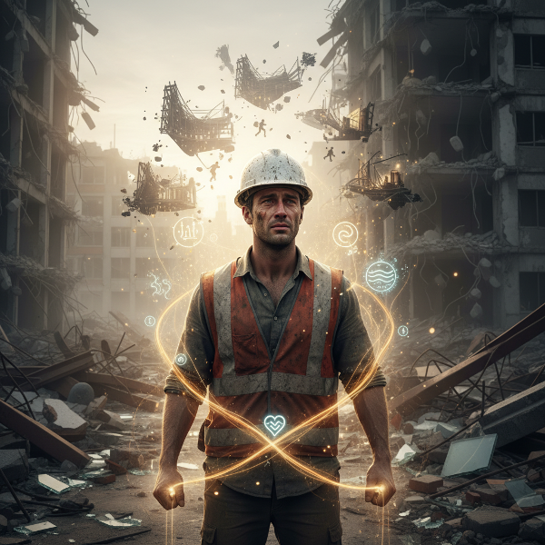 Ilustrasi seorang manajer proyek konstruksi yang mengalami trauma pasca insiden, dengan simbol dukungan dan teknik grounding untuk pemulihan.