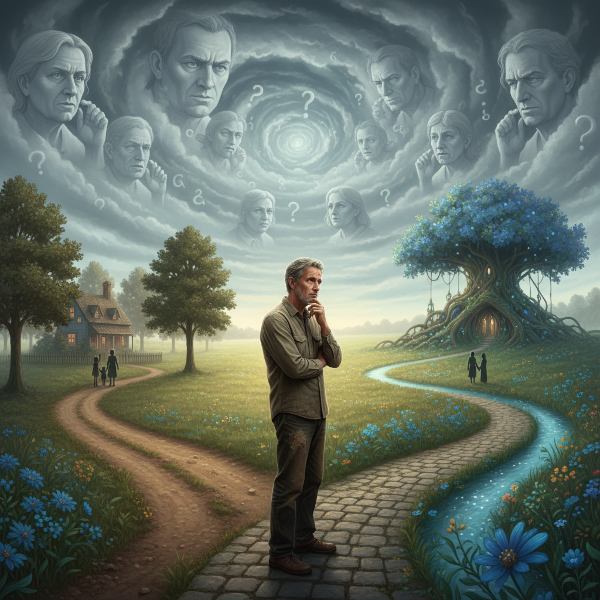 Ilustrasi seorang pria dewasa di persimpangan jalan, mempertimbangkan antara jalur keluarga tradisional dan jalur hubungan uniknya, dengan latar belakang tekanan sosial.