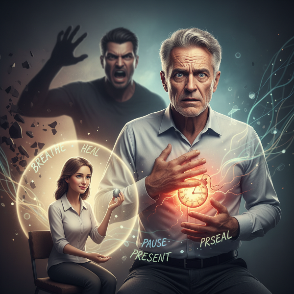 Seorang pria paruh baya bergumul dengan kemarahan yang meledak-ledak, dikelilingi bayangan masa kecil dan simbol tekanan internal, mencari ketenangan melalui terapi.