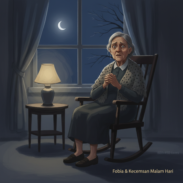 Wanita lansia cemas dan takut di malam hari, ilustrasi suasana tenang namun gelisah.