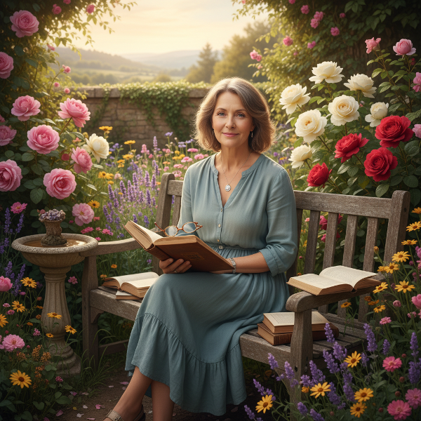 Ilustrasi seorang wanita menemukan kedamaian dan aktivitas baru di taman, melambangkan perjalanan membangun kembali diri.