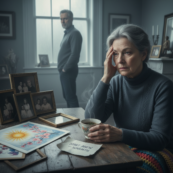 Ilustrasi seorang wanita paruh baya yang merasakan kesepian dalam pernikahan yang dingin, dengan bayangan perfeksionisme dari masa lalu, mencari kehangatan kembali.