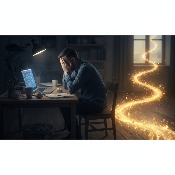 Ilustrasi seorang pria lelah di depan laptop larut malam, dengan simbol kelelahan dan secercah harapan untuk pemulihan dari burnout.