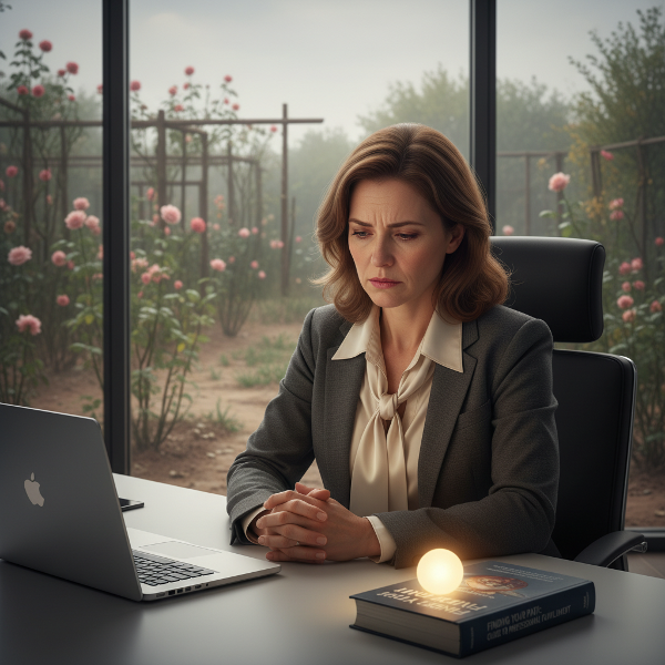 Ilustrasi seorang wanita profesional berusia 46 tahun yang mengalami kelelahan emosional dan fisik, dengan simbol-simbol pekerjaan dan hobi yang ditinggalkan, serta cahaya harapan dari dukungan profesional.