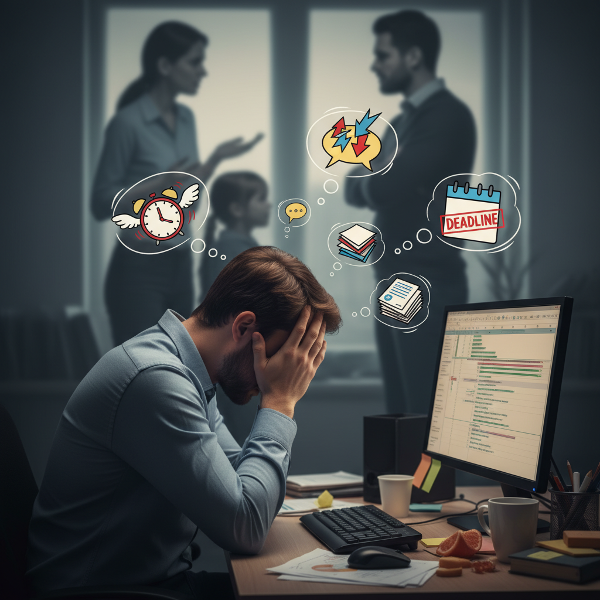 Ilustrasi seorang manajer proyek yang kelelahan di tempat kerja dengan simbol stres, sementara ketegangan keluarga tampak samar di latar belakang.