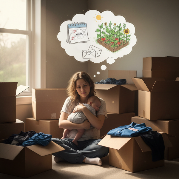 Ilustrasi seorang ibu muda yang kelelahan dengan peran ganda, dikelilingi simbol stres dan secercah harapan.
