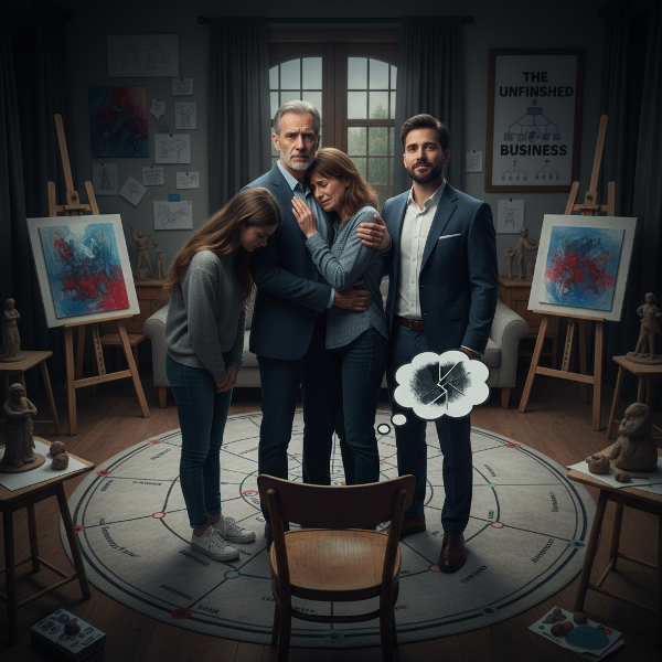 Ilustrasi keluarga yang tegang dengan ayah dan ibu yang sedih, anak laki-laki dengan ekspresi narsistik, anak perempuan yang harga dirinya terganggu, serta simbol-simbol pendekatan terapi.