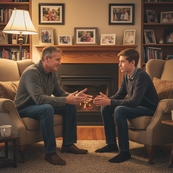 Ilustrasi seorang ayah dan anak remaja yang sedang berkomunikasi dengan tenang dan terbuka di ruang keluarga yang hangat, menggambarkan hubungan harmonis dan saling pengertian.