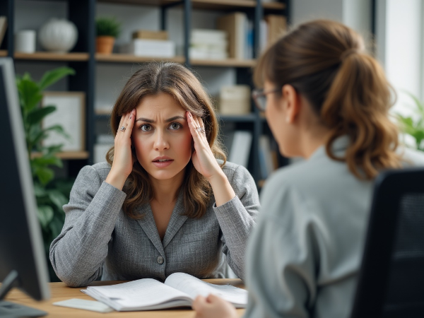 Ilustrasi seorang akuntan wanita yang mengalami kecemasan di tempat kerja, dengan simbol-simbol tekanan dan dukungan untuk kesehatan mental.