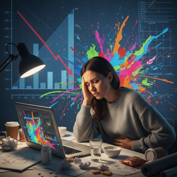 Ilustrasi seorang wanita desainer yang mengalami ketegangan fisik saat bekerja, dengan konflik antara ekspresi kreatif dan tuntutan finansial terlihat di latar belakang.