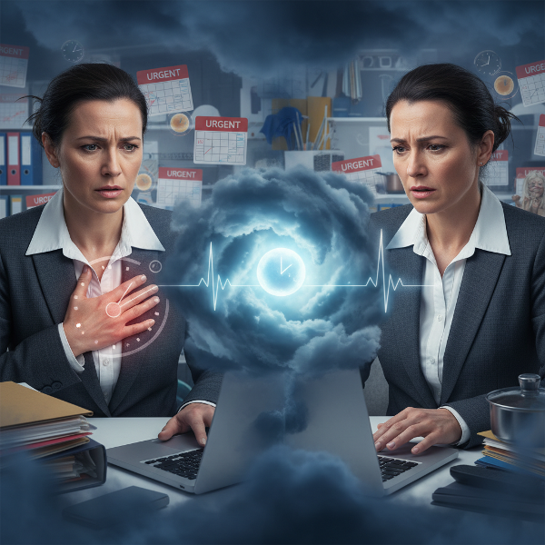 Ilustrasi seorang wanita profesional yang merasa seperti bom waktu, dengan simbol-simbol stres di tempat kerja dan rumah, mencari ketenangan di tengah badai emosi.