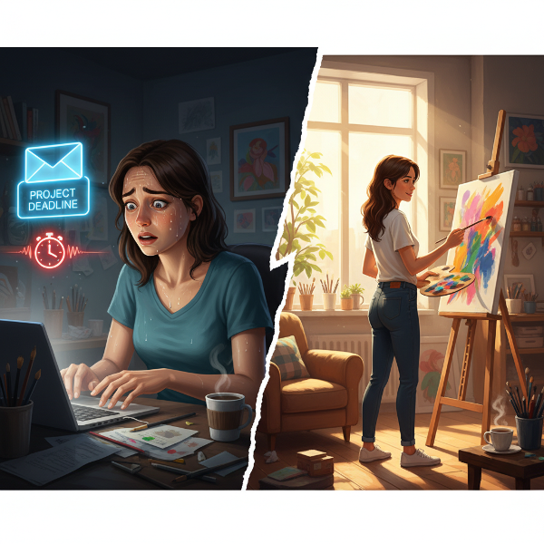 Ilustrasi seorang seniman lepas perempuan yang membeku karena cemas menghadapi deadline klien, sementara versi tenangnya melukis dengan bebas di ruang pribadi yang aman.
