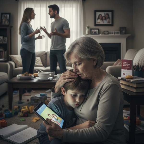 Ilustrasi seorang nenek yang menenangkan cucu laki-lakinya yang berusia 8 tahun di tengah ketegangan rumah tangga, dengan orang tua yang berselisih di latar belakang, mencerminkan konflik pengasuhan dan kebutuhan akan dukungan.