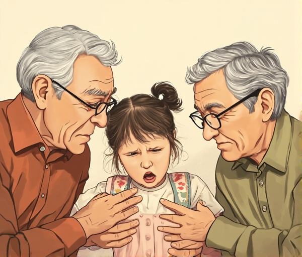 Seorang kakek dan nenek dengan tenang memeluk cucu perempuan mereka yang sedang menangis dan melempar mainan, sementara sang ibu berangkat kerja di latar belakang. Gambar menampilkan suasana hangat, validasi emosi, dan rutinitas perpisahan yang konsisten.