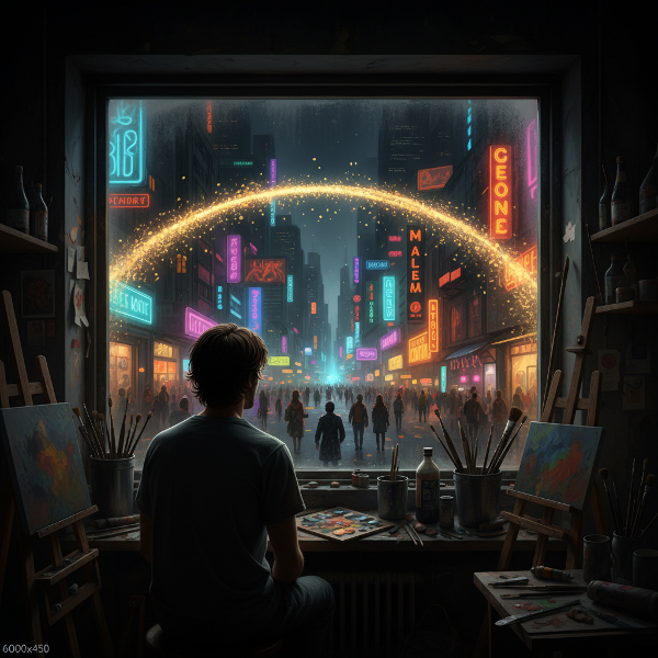 Seorang seniman sendirian di studio gelap memandang ke luar jendela menuju pemandangan seni kota yang hidup namun terasa jauh, dengan jembatan cahaya tipis yang menghubungkan kedua dunianya.