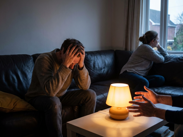 Ilustrasi seorang pria paruh baya yang merasa kesepian di ruang tamu bersama istrinya yang terasa jauh, dengan cahaya harapan mulai bersinar di antara mereka.