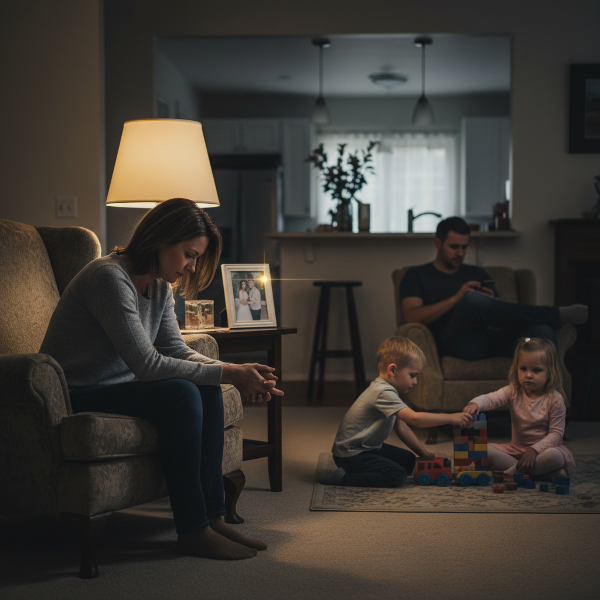Ilustrasi seorang ibu yang merasa kesepian dalam rumah tangga, dengan suami yang terlihat jauh dan anak-anak yang menunjukkan ketegangan, namun ada cahaya harapan untuk membangun kembali keintiman.