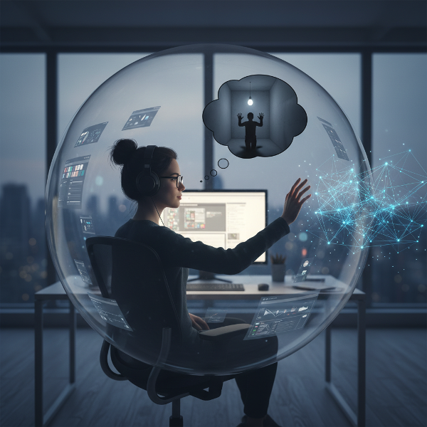 Ilustrasi seorang desainer grafis yang terisolasi dalam gelembung, dengan mimpi buruk tentang ruangan sempit tanpa pintu, mencoba menjangkau koneksi sosial.