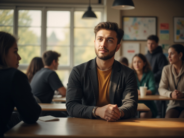 Ilustrasi seorang pemuda yang merasa kesepian di kantin kampus, dikelilingi kelompok mahasiswa lain, dengan cahaya lembut yang melambangkan harapan untuk terhubung.