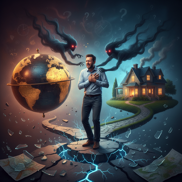 Ilustrasi seorang pria mengalami konflik batin antara cinta dan masa depan, dengan simbol-simbol kecemasan dan ketidakpastian.