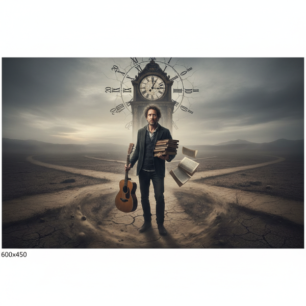 Ilustrasi pria di persimpangan jalan dengan berbagai minat, melambangkan kebingungan dan pencarian arah hidup.