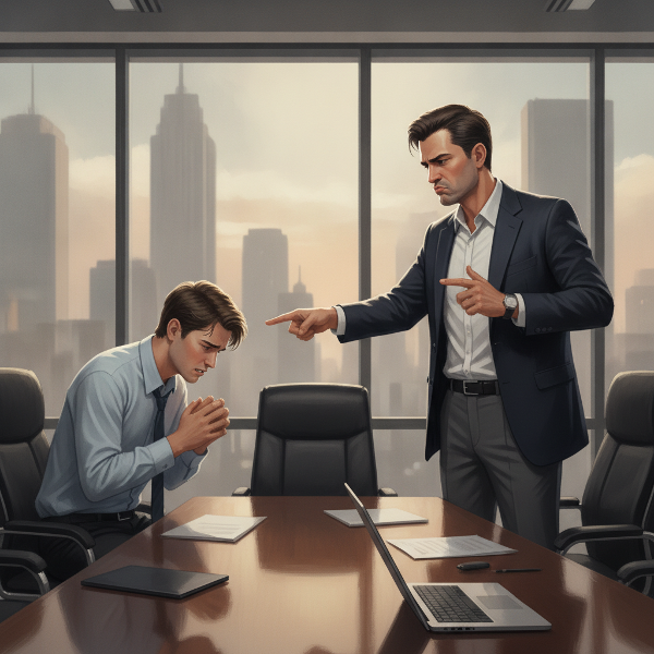Seorang pria dengan ekspresi cemas di rapat kantor, dikritik oleh atasan dengan gestur merendahkan.