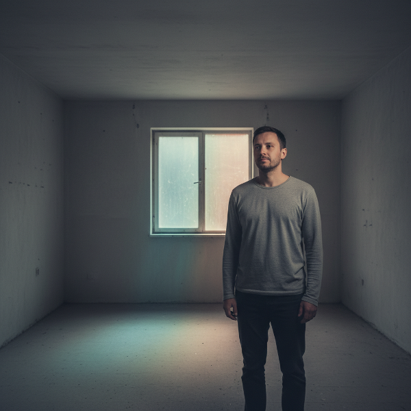 Ilustrasi seorang pria dewasa merasakan kekosongan dan apati, dengan cahaya harapan yang mulai masuk.