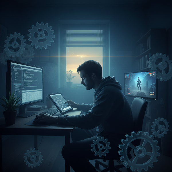 Ilustrasi seorang pria dewasa terlihat datar dan terjebak dalam rutinitas yang monoton, dengan simbol-simbol kebosanan dan kelelahan di sekitarnya, namun ada secercah harapan di kejauhan.