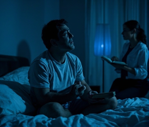 Seorang pria paruh baya duduk di tepi tempat tidur pada malam hari dengan pikiran berputar, bahu tegang, dan napas pendek, sementara gambaran seorang psikolog hadir memberikan teknik pernapasan dan jurnal untuk menenangkan diri.