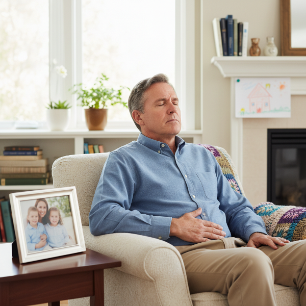 Ilustrasi seorang pria paruh baya yang sedang berlatih pernapasan dalam untuk mengelola kemarahan di tengah suasana keluarga yang harmonis.