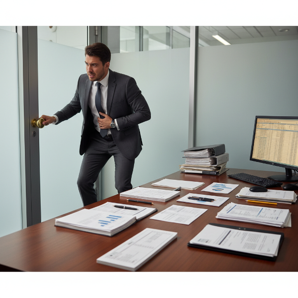 Ilustrasi pria dewasa mengalami konflik antara tuntutan pekerjaan dan ritual kompulsif seperti mengecek kunci berulang kali, sambil merasakan gejala fisik seperti sakit perut.