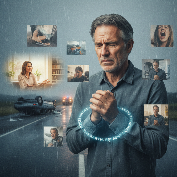 Ilustrasi seorang pria paruh baya yang mengalami kilas balik trauma kecelakaan, dengan simbol penyembuhan psikologis di sekitarnya.