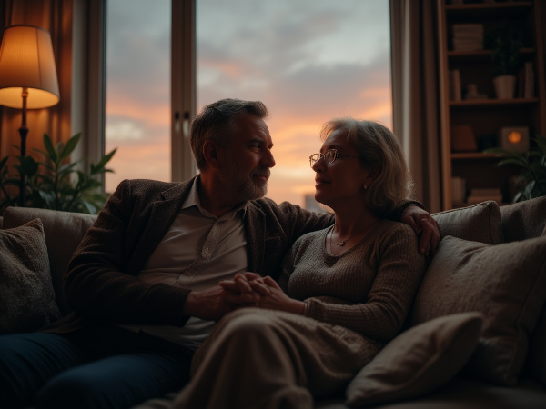 Pasangan dewasa duduk bersama di sofa, berpegangan tangan dengan penuh kasih dalam cahaya senja yang hangat, melambangkan upaya membangun kembali keintiman dan komunikasi.