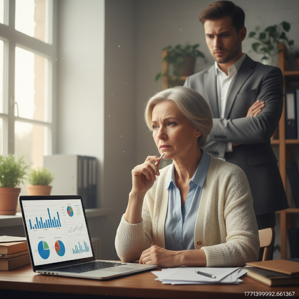 Ilustrasi seorang wanita paruh baya di tempat kerja yang sedang menghadapi transisi karier dan tekanan, dengan ekspresi yang reflektif.