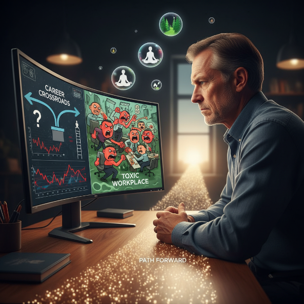 Ilustrasi pria paruh baya di meja kerja menghadapi ketegangan fisik, kebimbangan karir, tekanan keuangan, dan lingkungan kerja yang menantang, dengan elemen solusi praktis mengelilinginya.