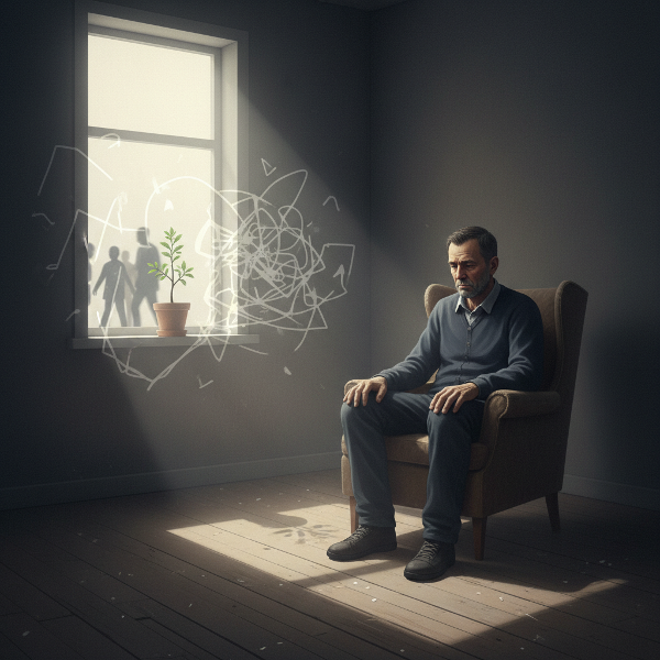 Ilustrasi seorang pria paruh baya yang mengalami kelelahan dan keterputusan, dengan simbol-simbol harapan dan pemulihan bertahap di sekitarnya.