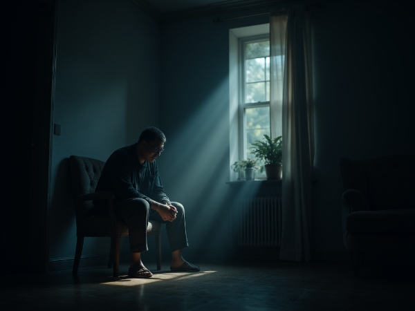 Ilustrasi seorang pria paruh baya yang sedang merasakan beban emosional, dengan cahaya harapan yang mulai muncul, menggambarkan perjalanan dari apati menuju pemulihan.