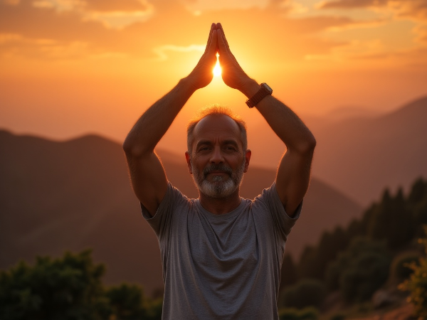 Ilustrasi seorang pria paruh baya melakukan yoga di alam terbuka untuk mengelola stres dan emosi.