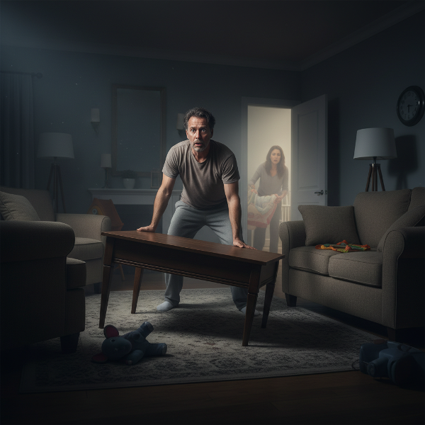 Ilustrasi seorang pria paruh baya yang dengan cemas menata ulang furnitur di ruang tamu pada malam hari, menggambarkan perilaku kompulsif yang mengganggu ketenangan keluarganya.
