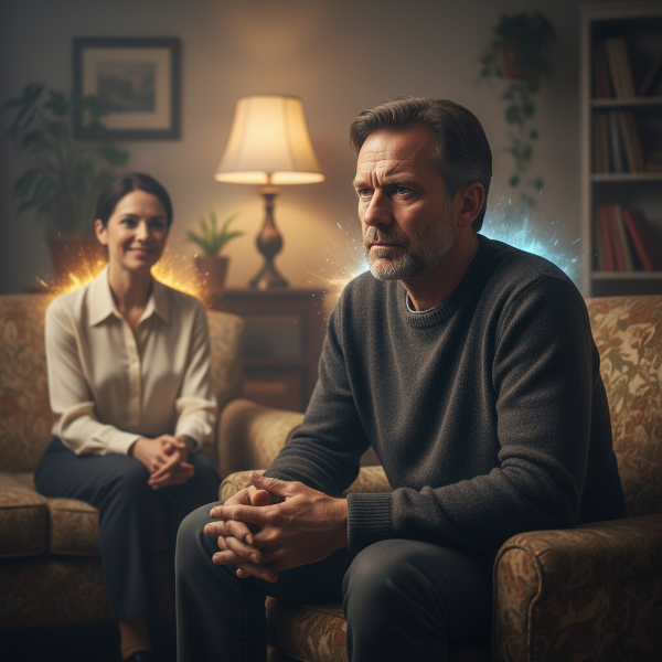 Ilustrasi seorang pria paruh baya yang sedang merenung, dengan figur psikolog yang mendukung di latar belakang, melambangkan pencarian emosional dan koneksi.