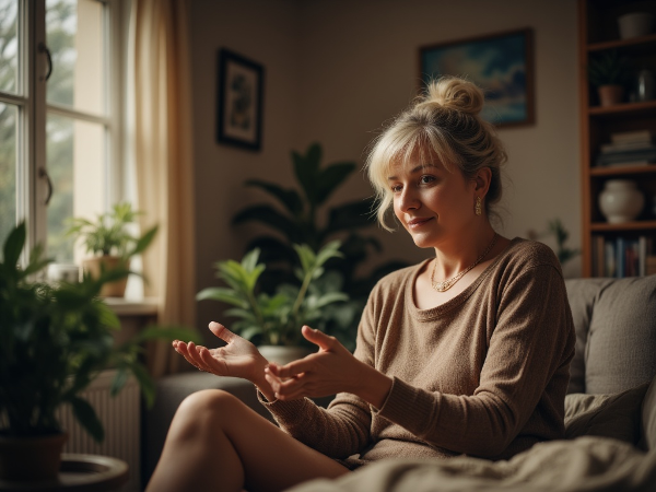 Ilustrasi seorang perempuan paruh baya mencari koneksi yang lebih dalam di tengah kesepian, dengan simbol cahaya dan jembatan menuju interaksi bermakna.