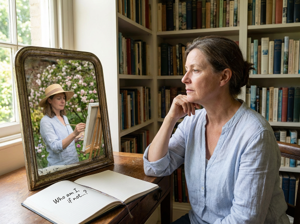 Seorang wanita paruh baya di perpustakaan yang sepi melihat cermin yang memantulkan dirinya yang lebih muda sedang melukis di taman, melambangkan penemuan diri dan pencarian jati diri di luar peran sebagai ibu dan pekerja.